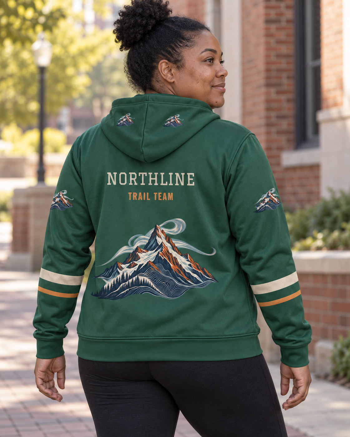 Custom Fully Sublimated Hoodie in Forest green — Northline Trail campaign