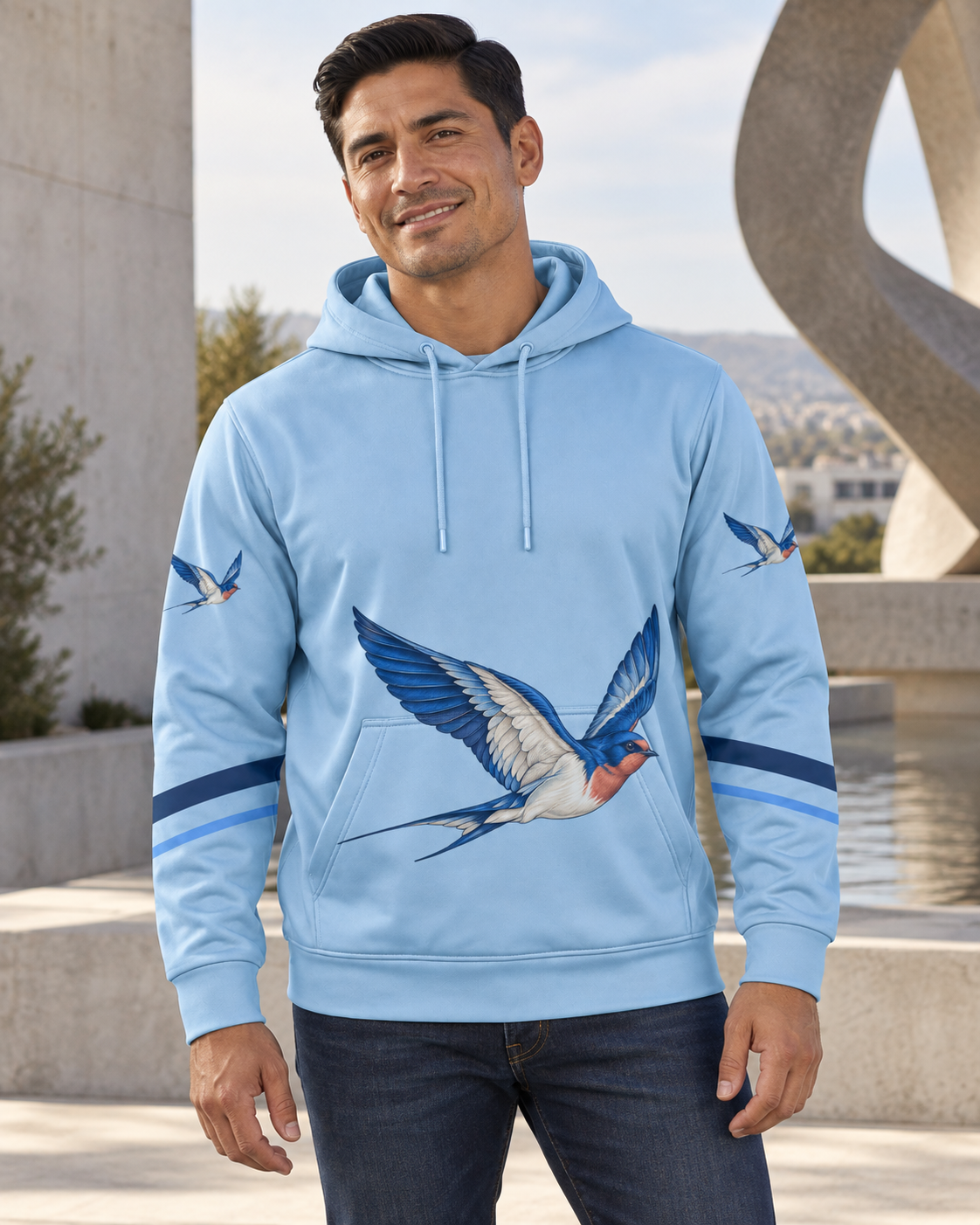 Custom Fully Sublimated Hoodie in Light blue — Aerial Grace campaign