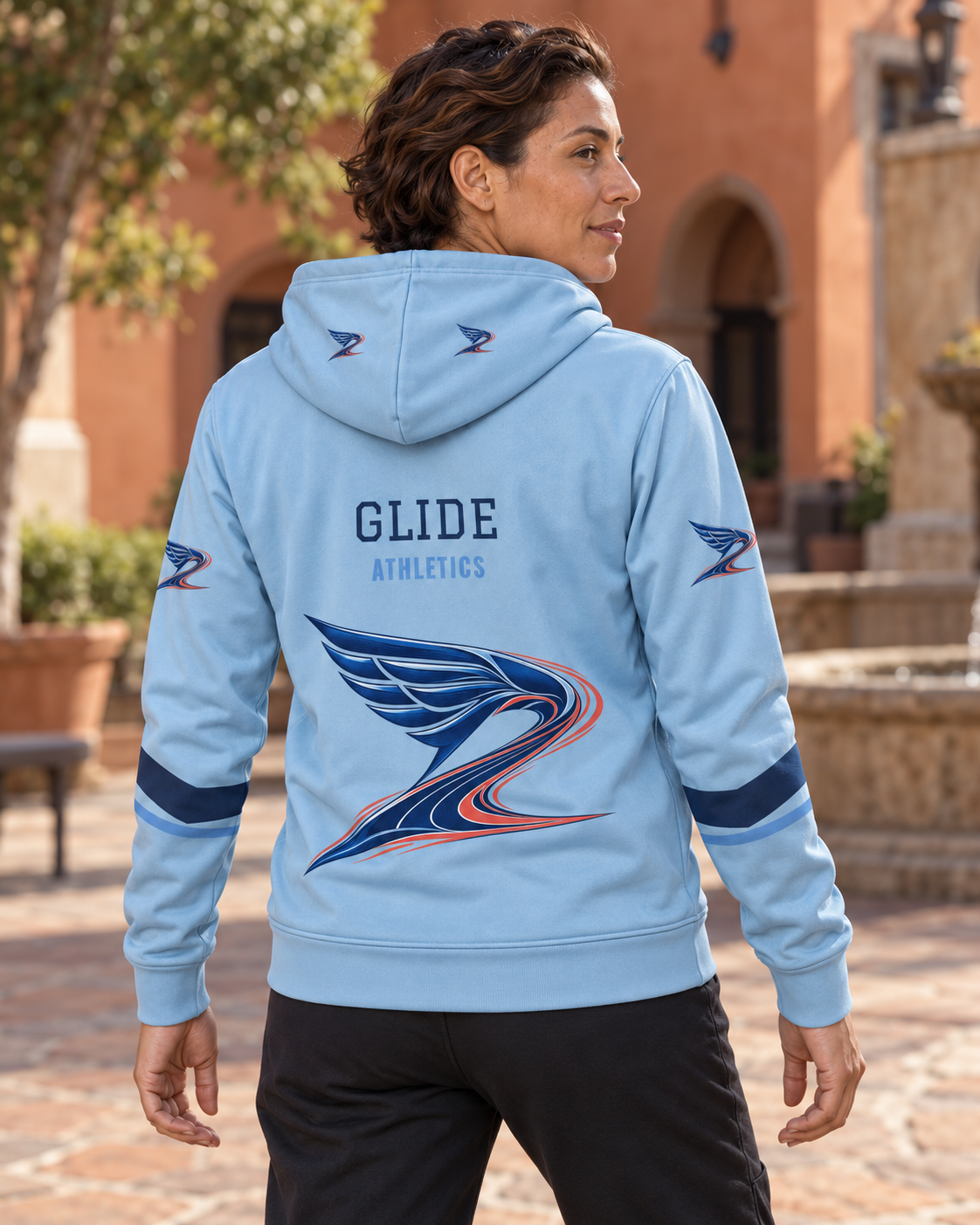 Custom Fully Sublimated Hoodie in Light blue — Glide Athletics campaign