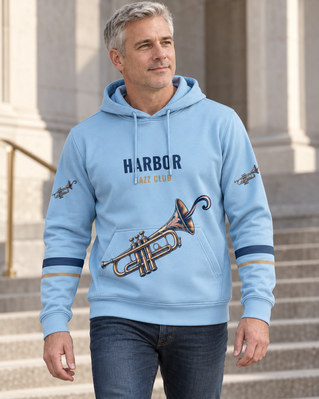 Custom Fully Sublimated Hoodie in Light blue — Harbor Jazz campaign