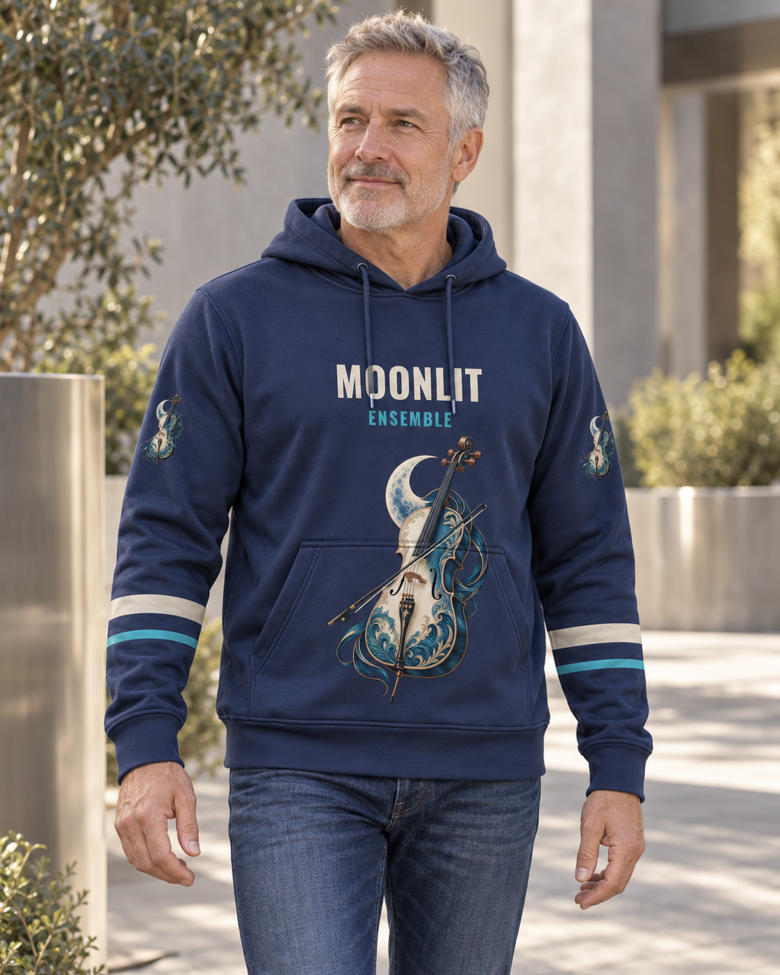 Custom Fully Sublimated Hoodie in Navy — Moonlit Cello campaign