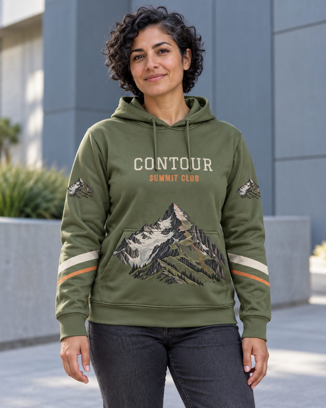 Custom Fully Sublimated Hoodie in Olive green — Contour Summit campaign
