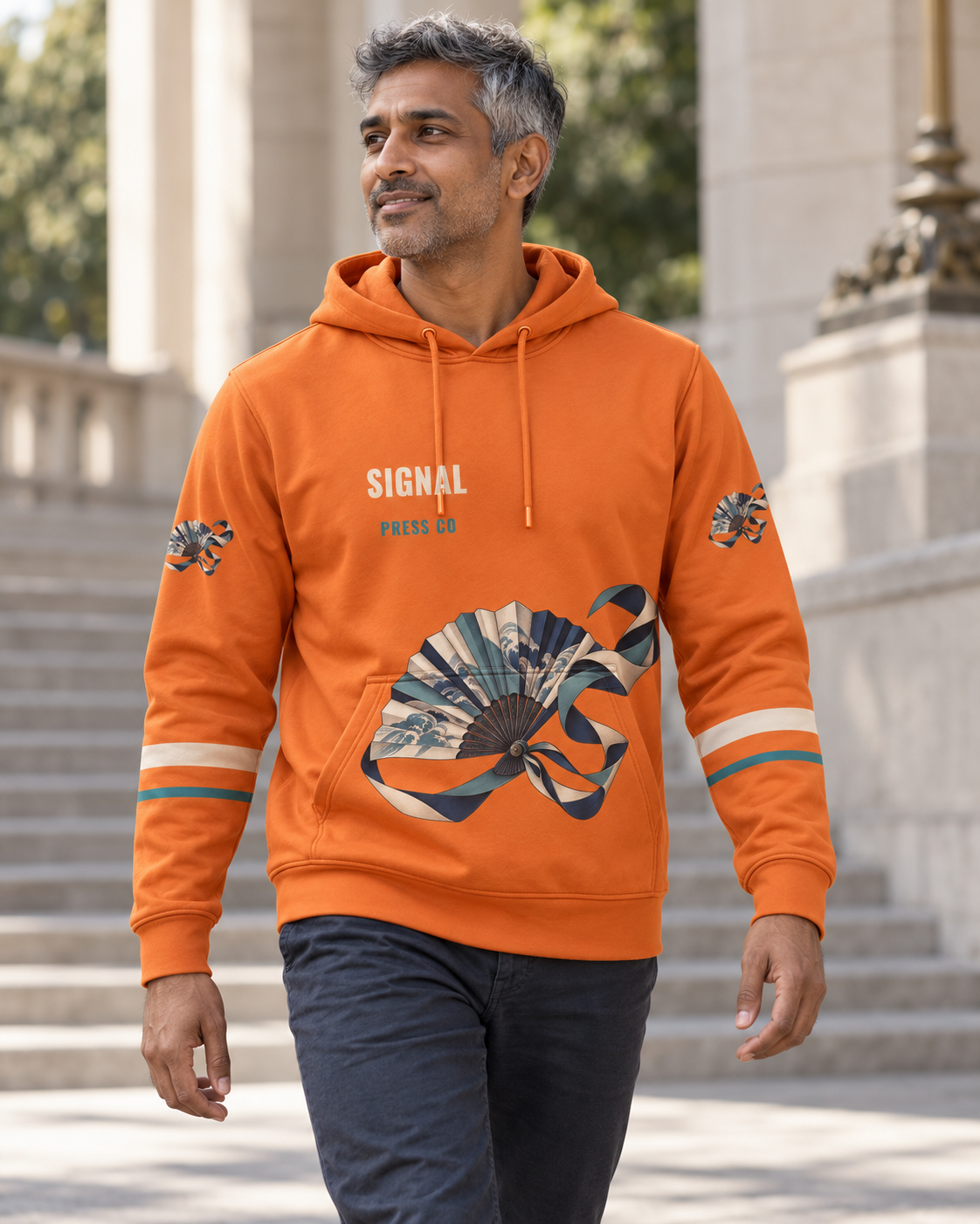 Custom Fully Sublimated Hoodie in Orange — Signal Press campaign