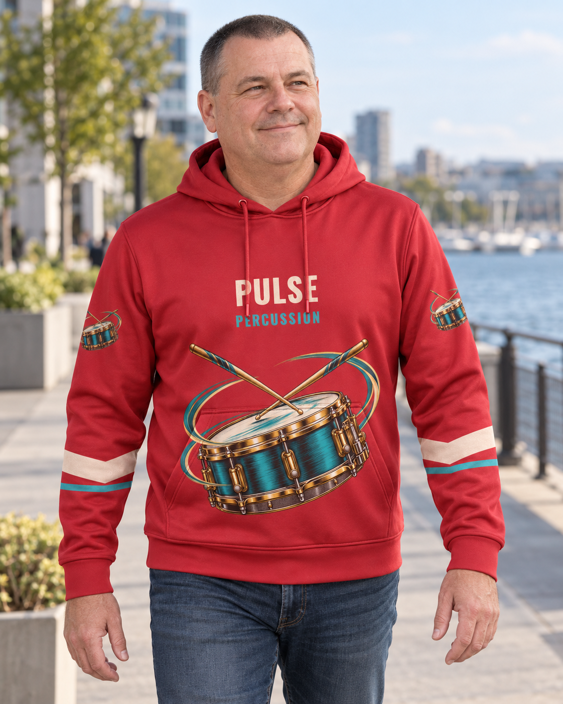 Custom Fully Sublimated Hoodie in Red — Pulse Percussion campaign