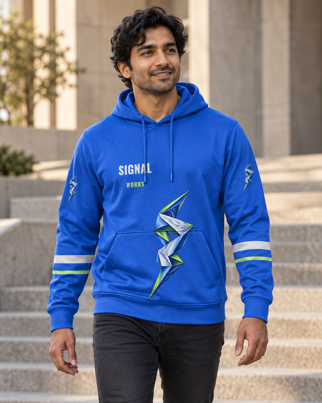 Custom Fully Sublimated Hoodie in Royal blue — Signal Works campaign