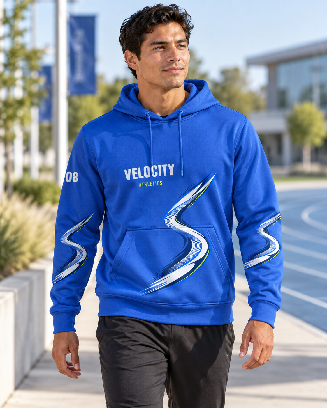 Custom Fully Sublimated Hoodie in Royal blue — Velocity Athletics campaign