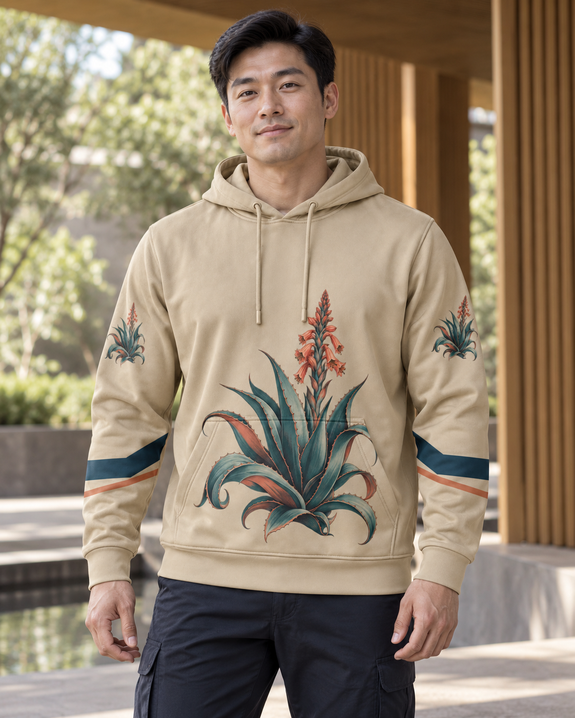 Custom Fully Sublimated Hoodie in Sand — Terra Bloom campaign