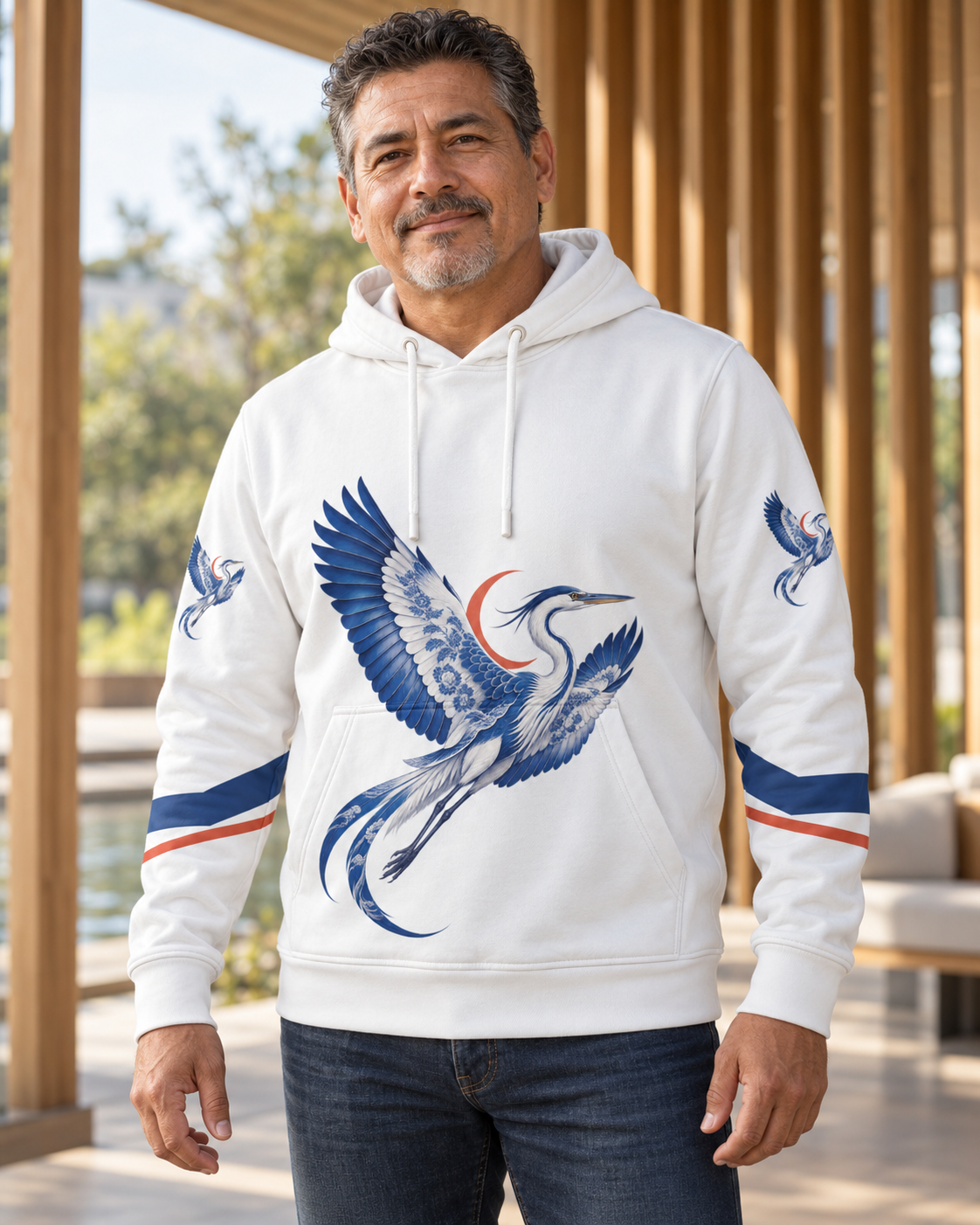 Custom Fully Sublimated Hoodie in White — Porcelain Heron campaign