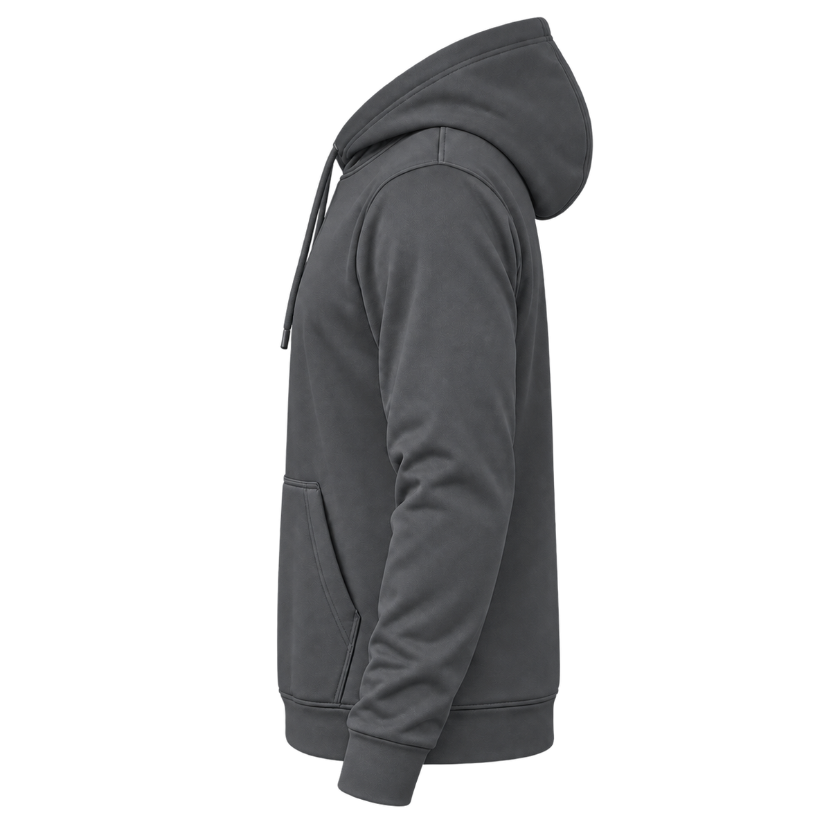 Custom Fully Sublimated Hoodie in Charcoal — wearer’s LEFT sleeve; front and hood opening face image-left