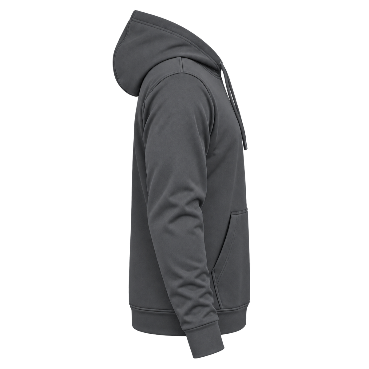 Custom Fully Sublimated Hoodie in Charcoal — wearer’s RIGHT sleeve; front and hood opening face image-right