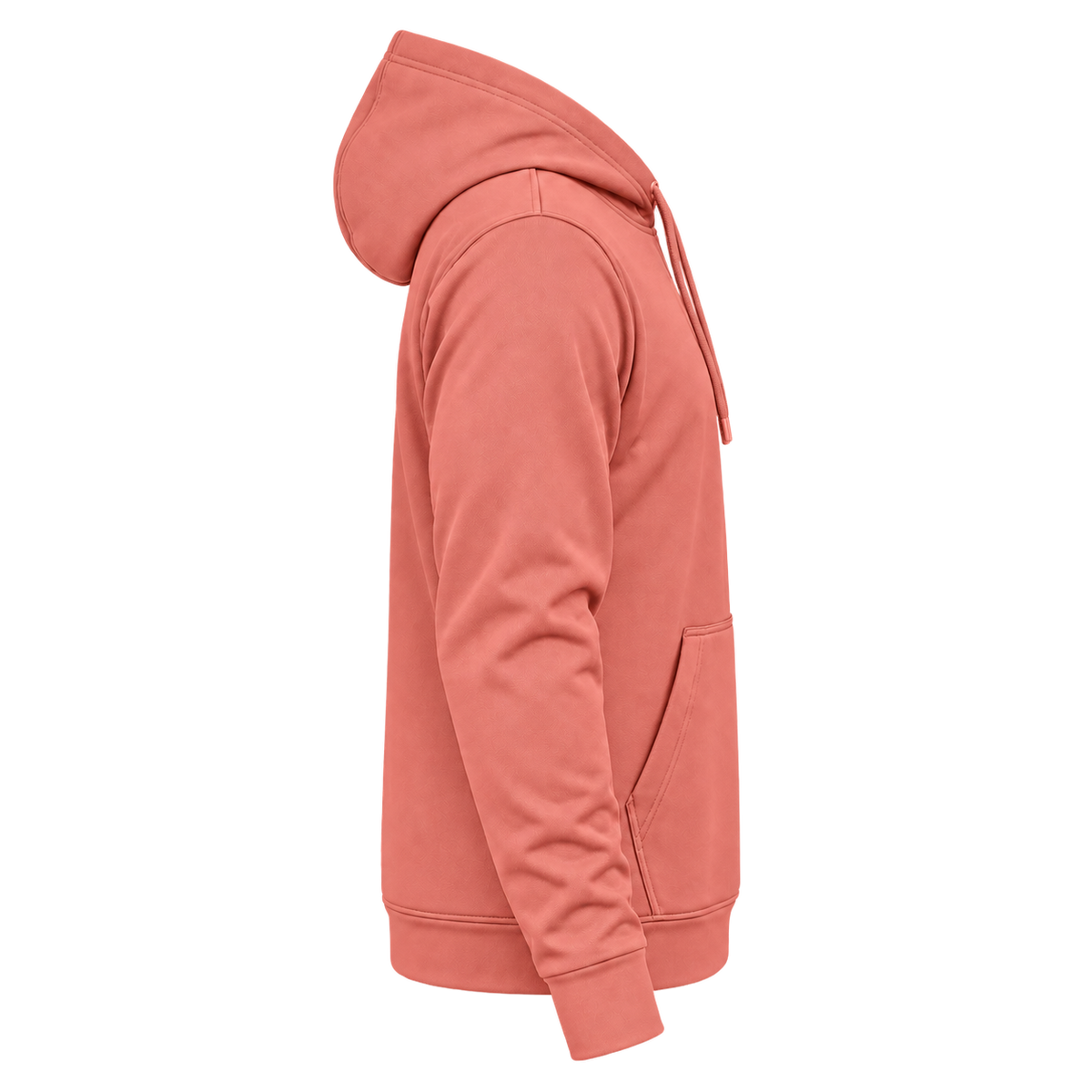 Custom Fully Sublimated Hoodie in Coral — wearer’s RIGHT sleeve; front and hood opening face image-right
