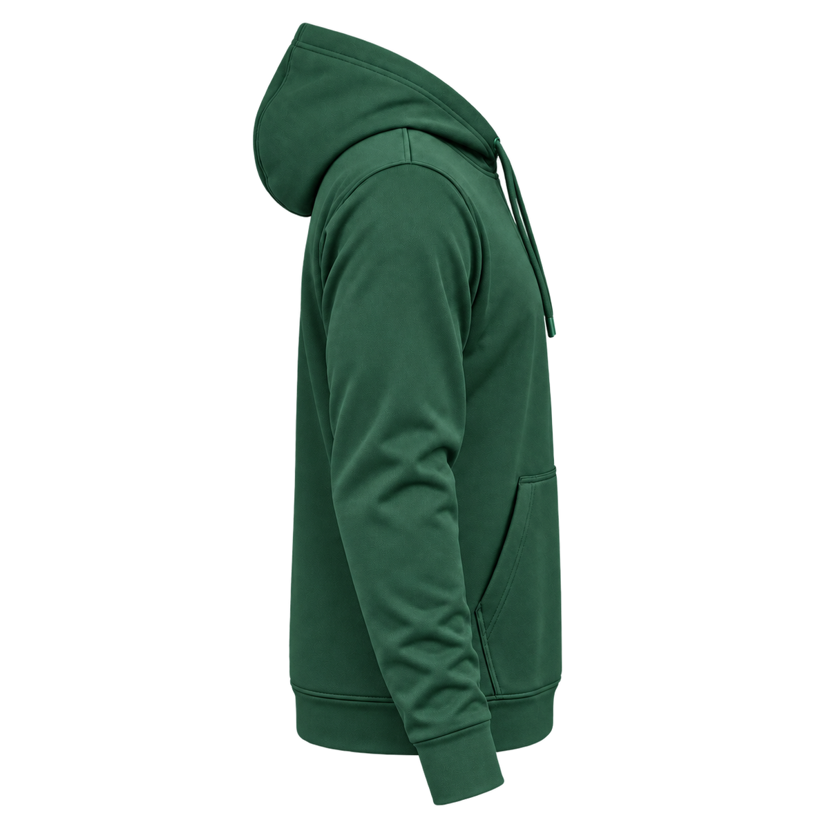 Custom Fully Sublimated Hoodie in Forest green — wearer’s RIGHT sleeve; front and hood opening face image-right