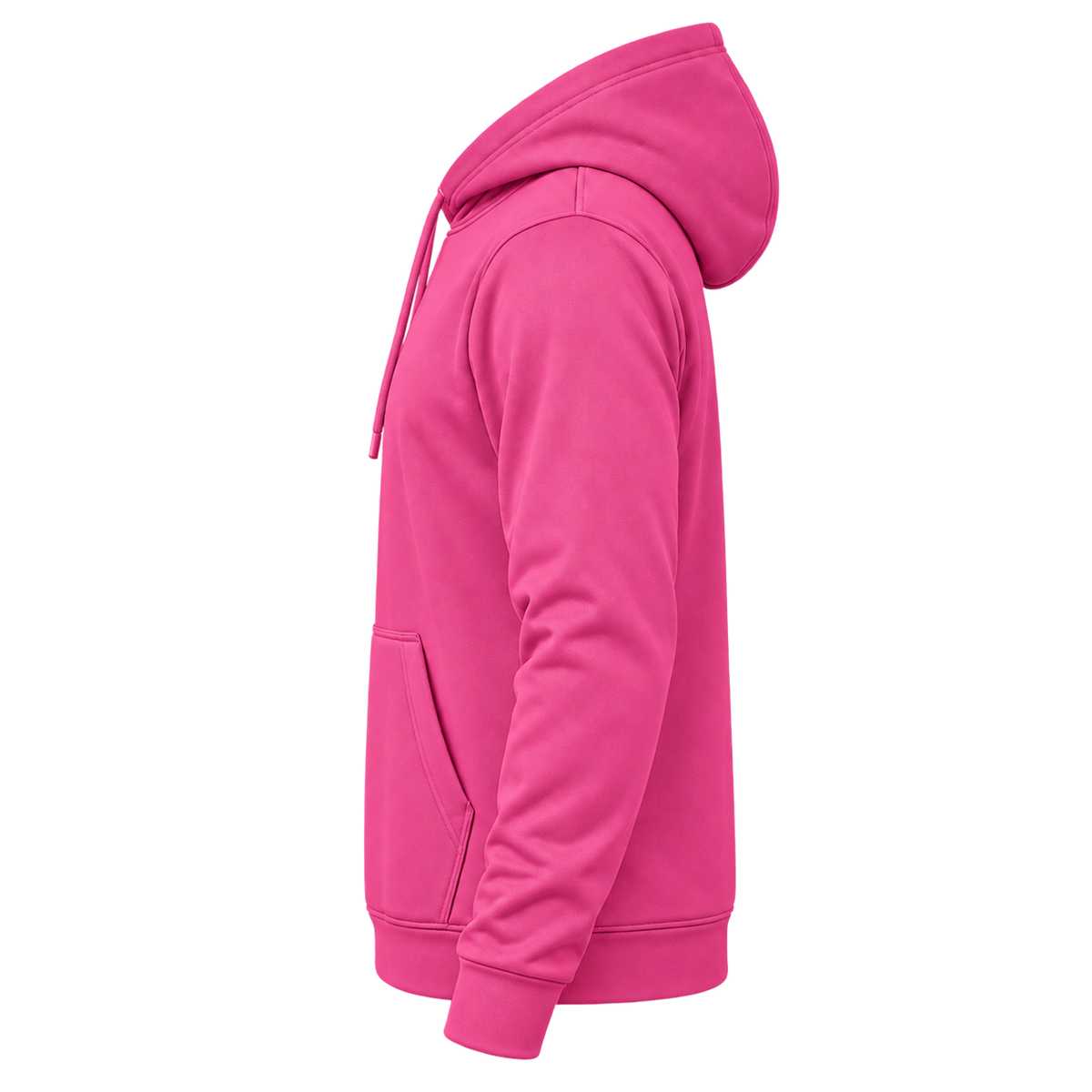 Custom Fully Sublimated Hoodie in Hot pink — wearer’s LEFT sleeve; front and hood opening face image-left