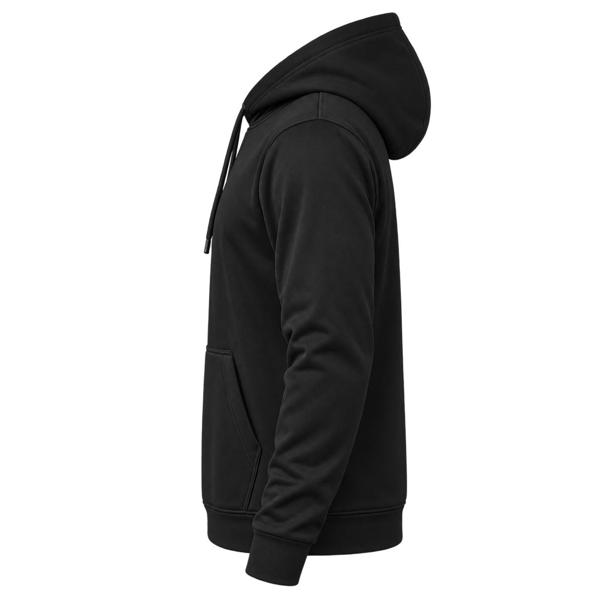 Custom Fully Sublimated Hoodie in jet black — wearer's LEFT sleeve; front and hood opening face image-left