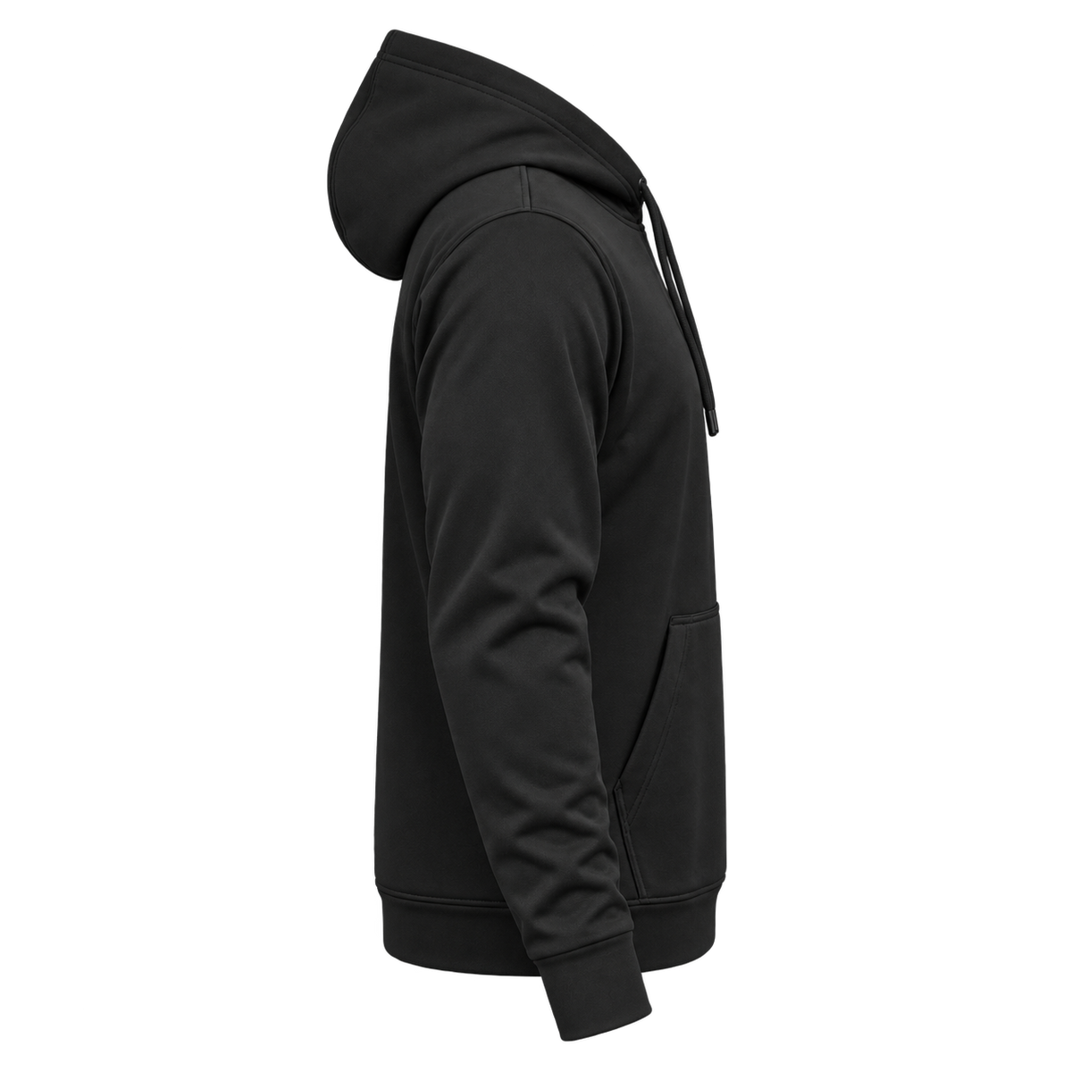 Custom Fully Sublimated Hoodie in jet black — wearer's RIGHT sleeve; front and hood opening face image-right