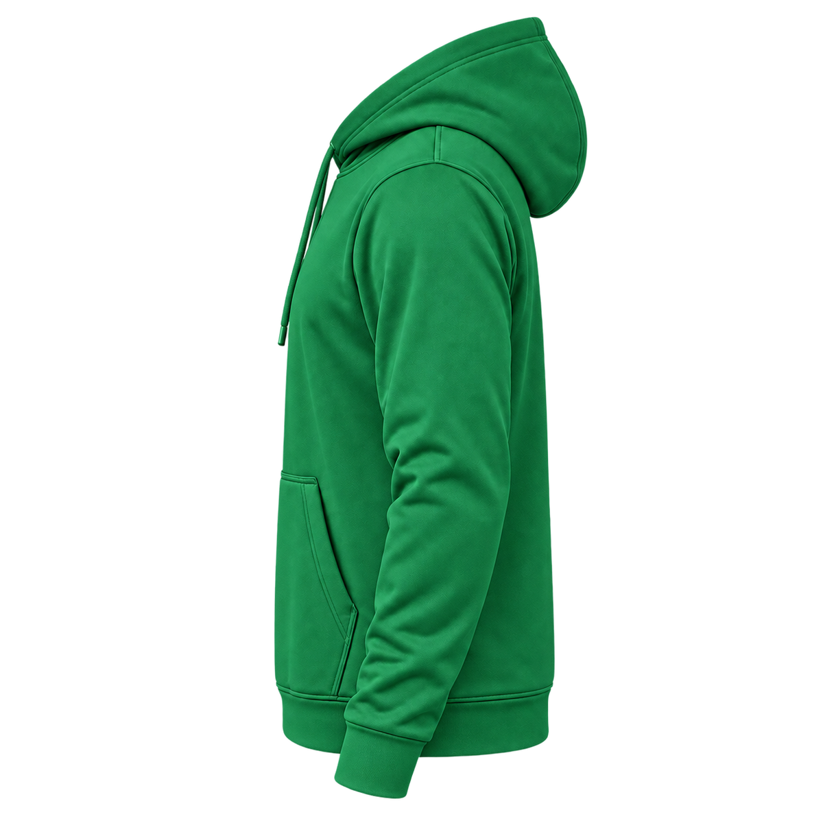Custom Fully Sublimated Hoodie in Kelly green — wearer’s LEFT sleeve; front and hood opening face image-left