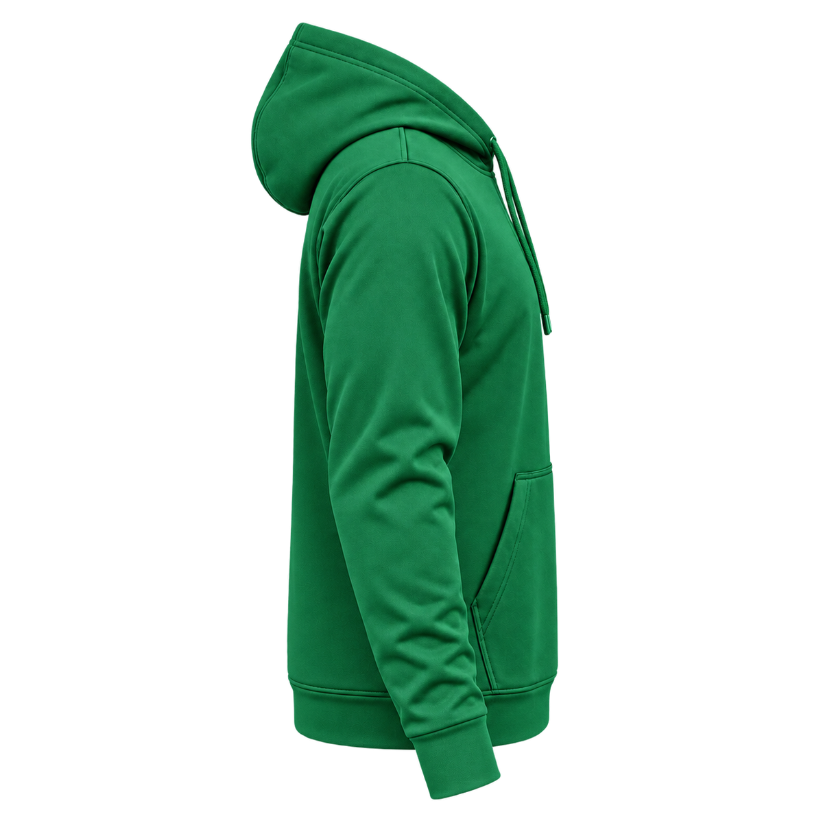 Custom Fully Sublimated Hoodie in Kelly green — wearer’s RIGHT sleeve; front and hood opening face image-right