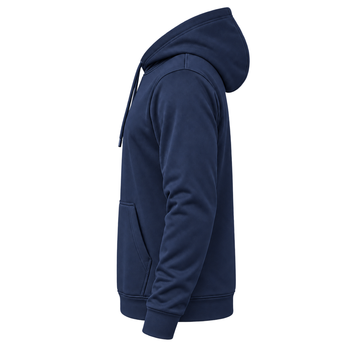 Custom Fully Sublimated Hoodie in Navy — wearer’s LEFT sleeve; front and hood opening face image-left