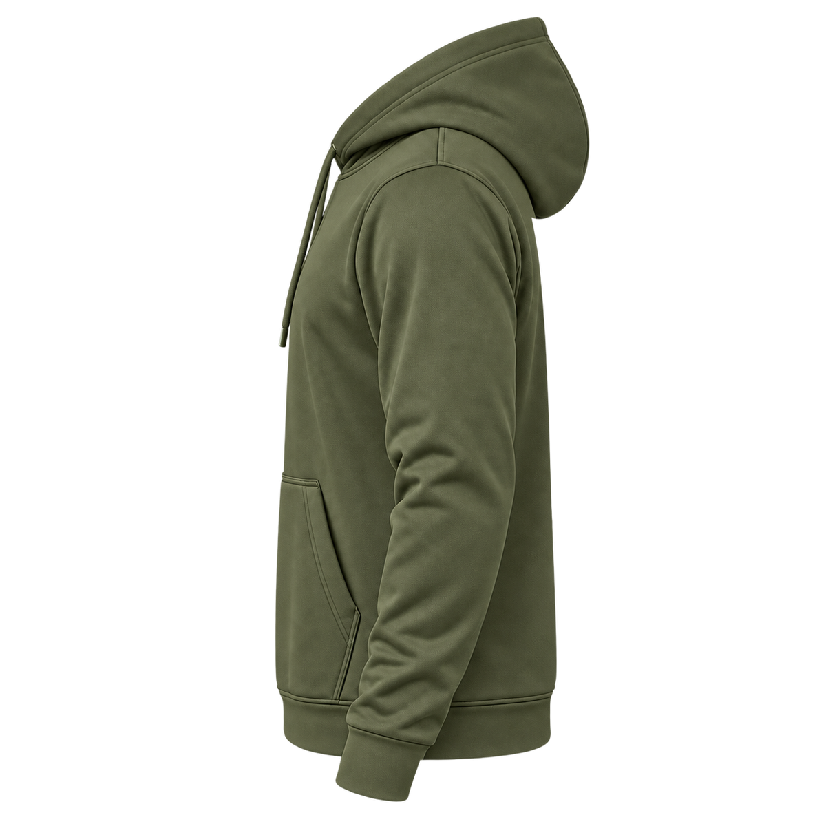 Custom Fully Sublimated Hoodie in Olive green — wearer’s LEFT sleeve; front and hood opening face image-left