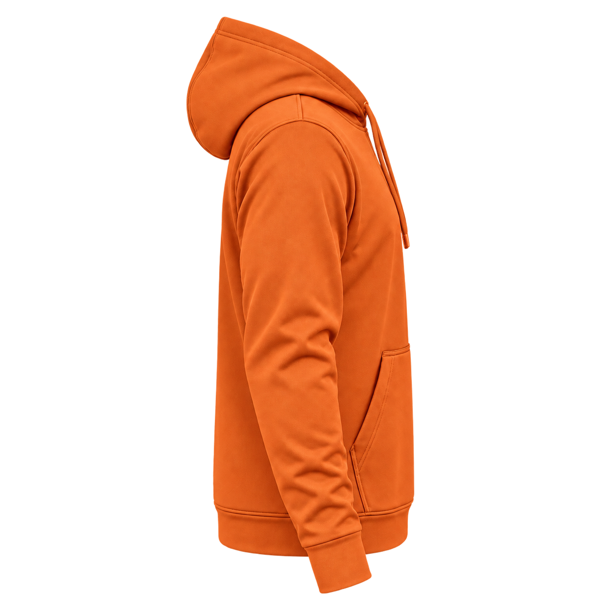 Custom Fully Sublimated Hoodie in Orange — wearer’s RIGHT sleeve; front and hood opening face image-right