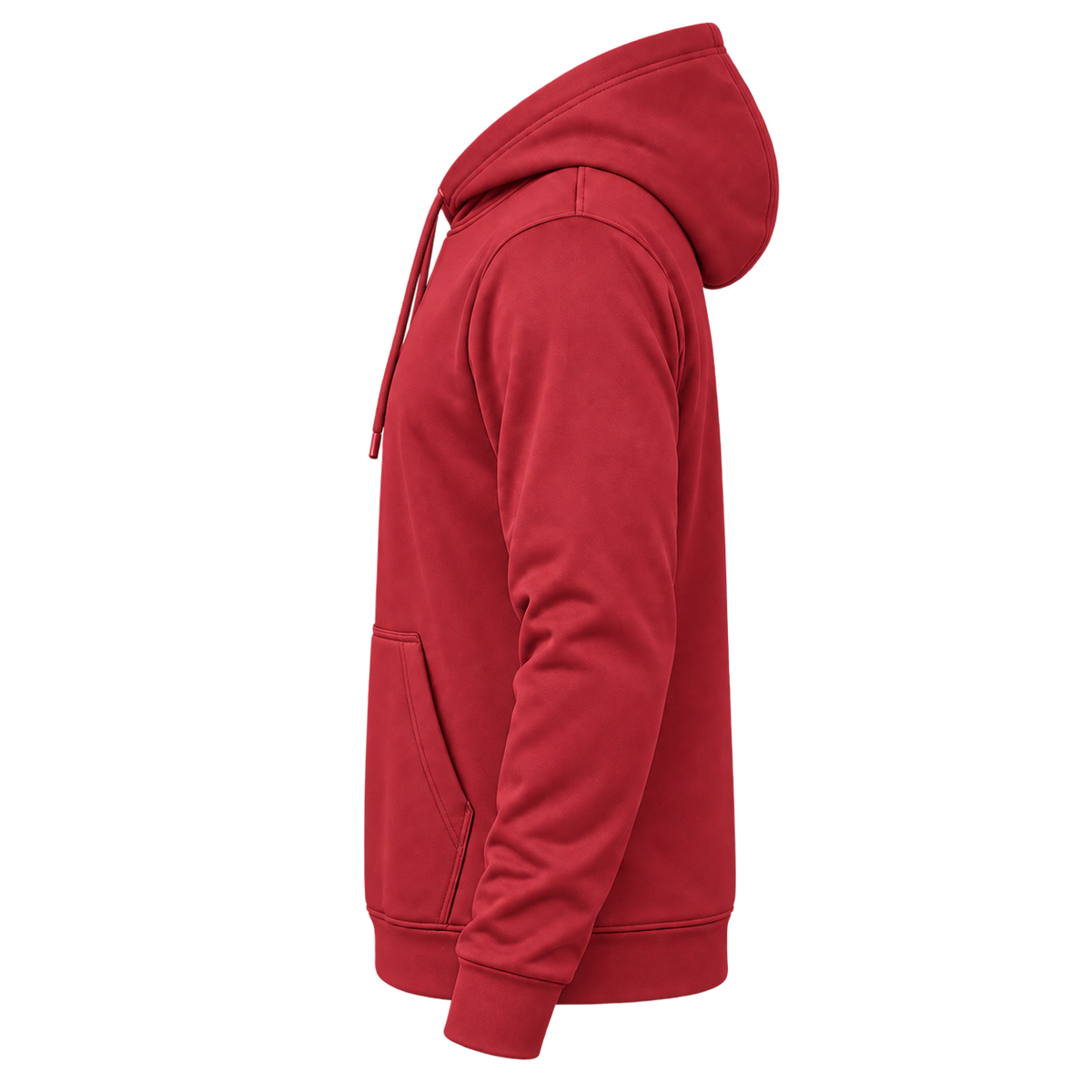 Custom Fully Sublimated Hoodie in Red — wearer’s LEFT sleeve; front and hood opening face image-left