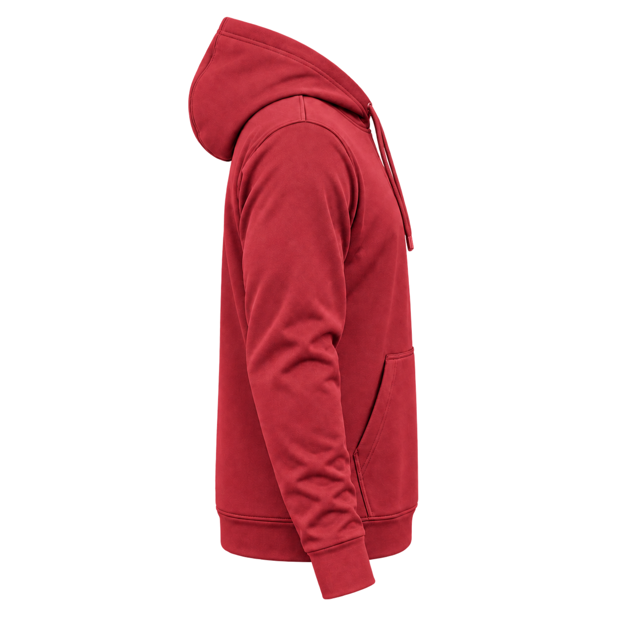 Custom Fully Sublimated Hoodie in Red — wearer’s RIGHT sleeve; front and hood opening face image-right