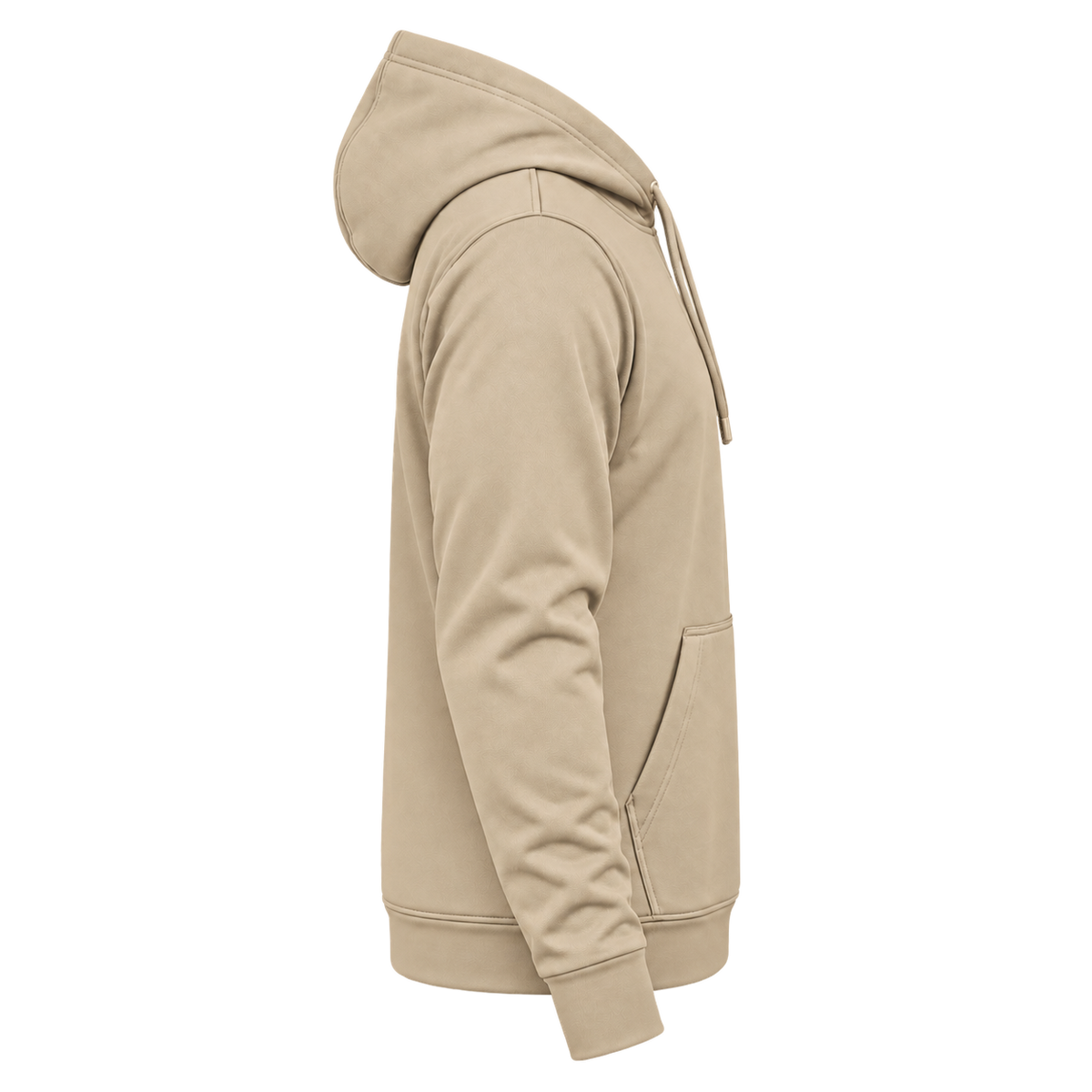 Custom Fully Sublimated Hoodie in Sand — wearer’s RIGHT sleeve; front and hood opening face image-right