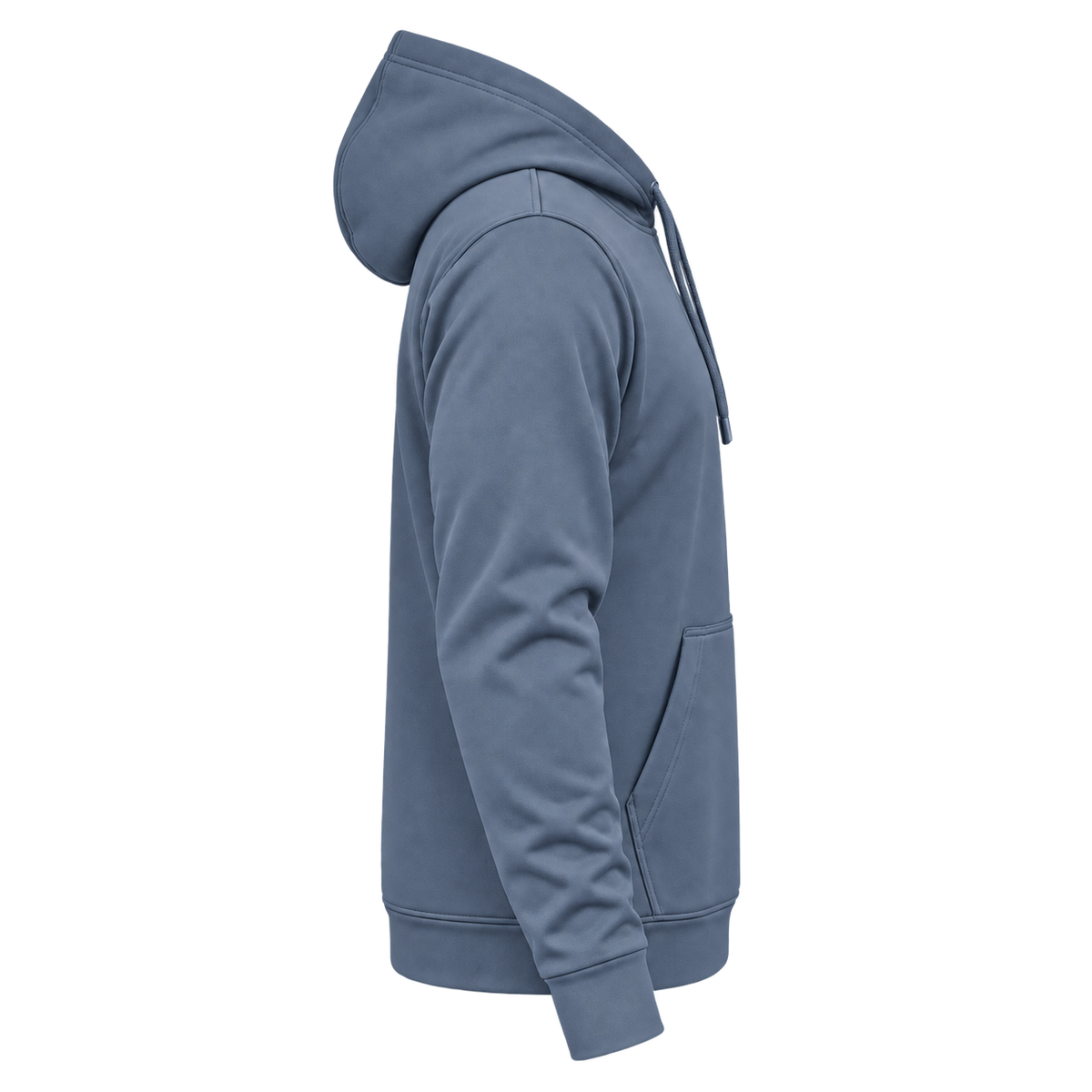 Custom Fully Sublimated Hoodie in Slate blue — wearer’s RIGHT sleeve; front and hood opening face image-right