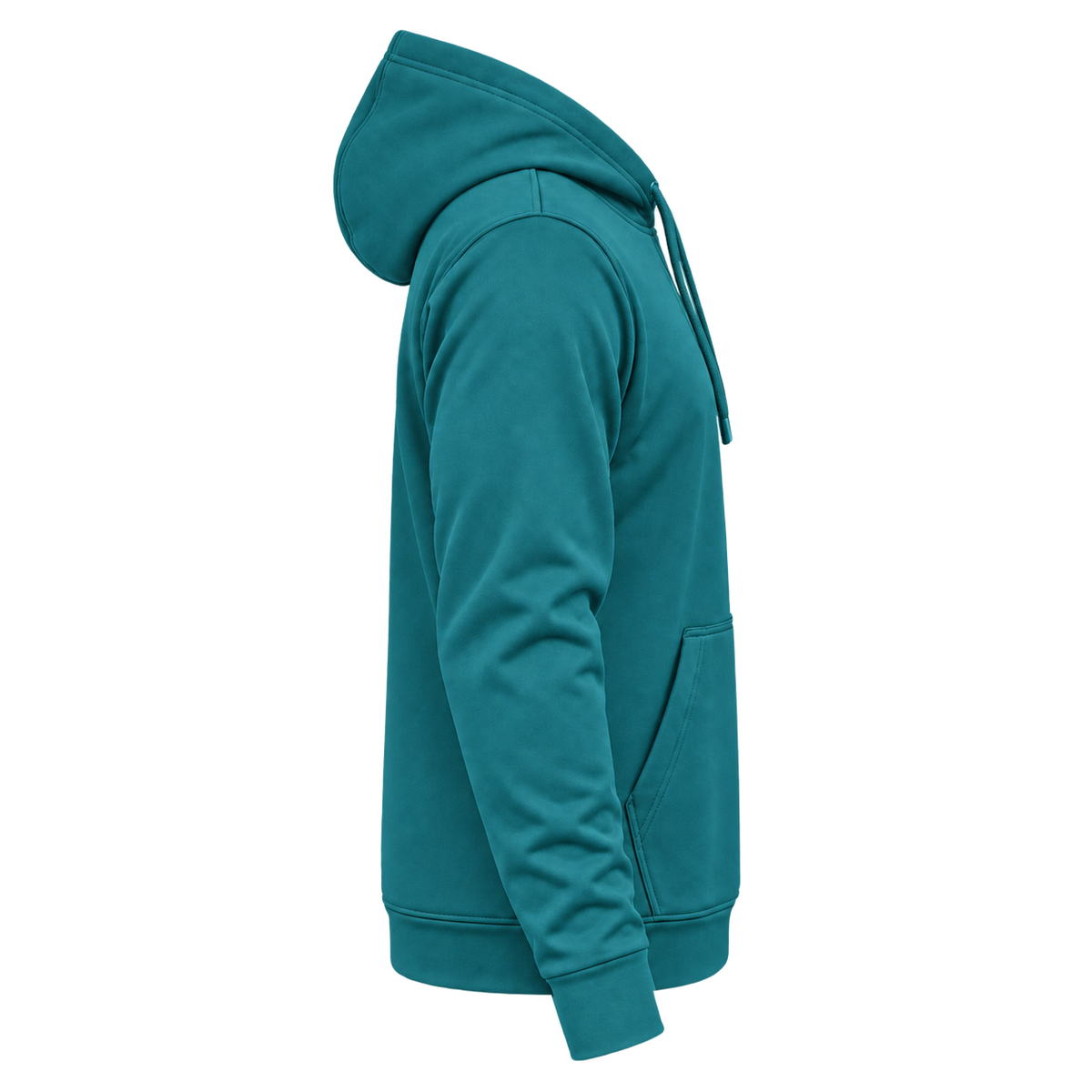 Custom Fully Sublimated Hoodie in Teal — wearer’s RIGHT sleeve; front and hood opening face image-right