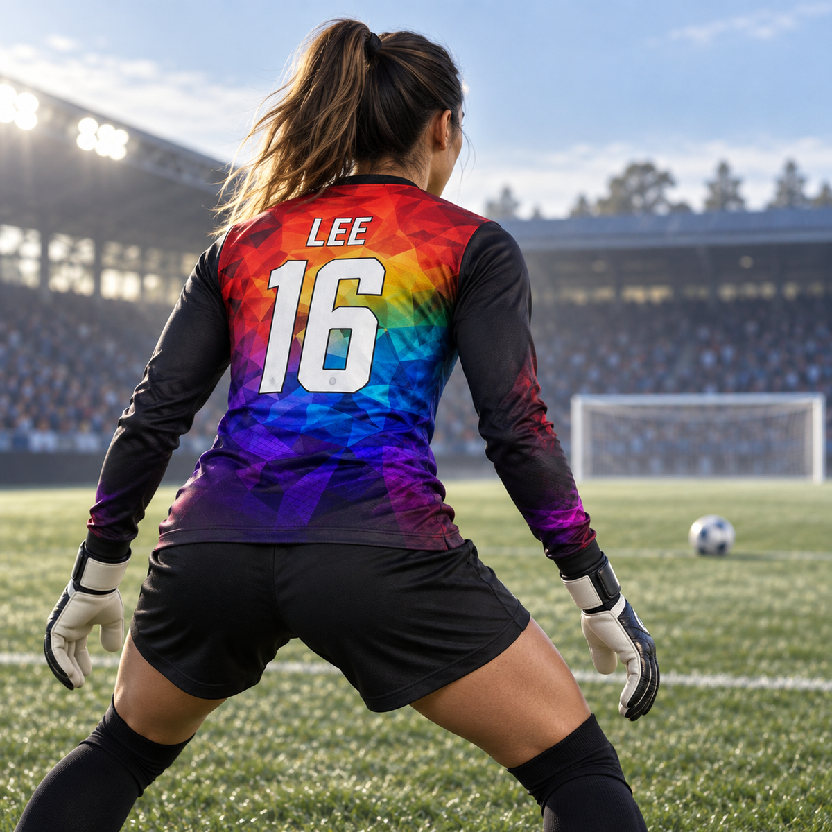 Prism Core custom goalkeeper jersey worn by female goalkeeper in ready stance, back view, LEE 16