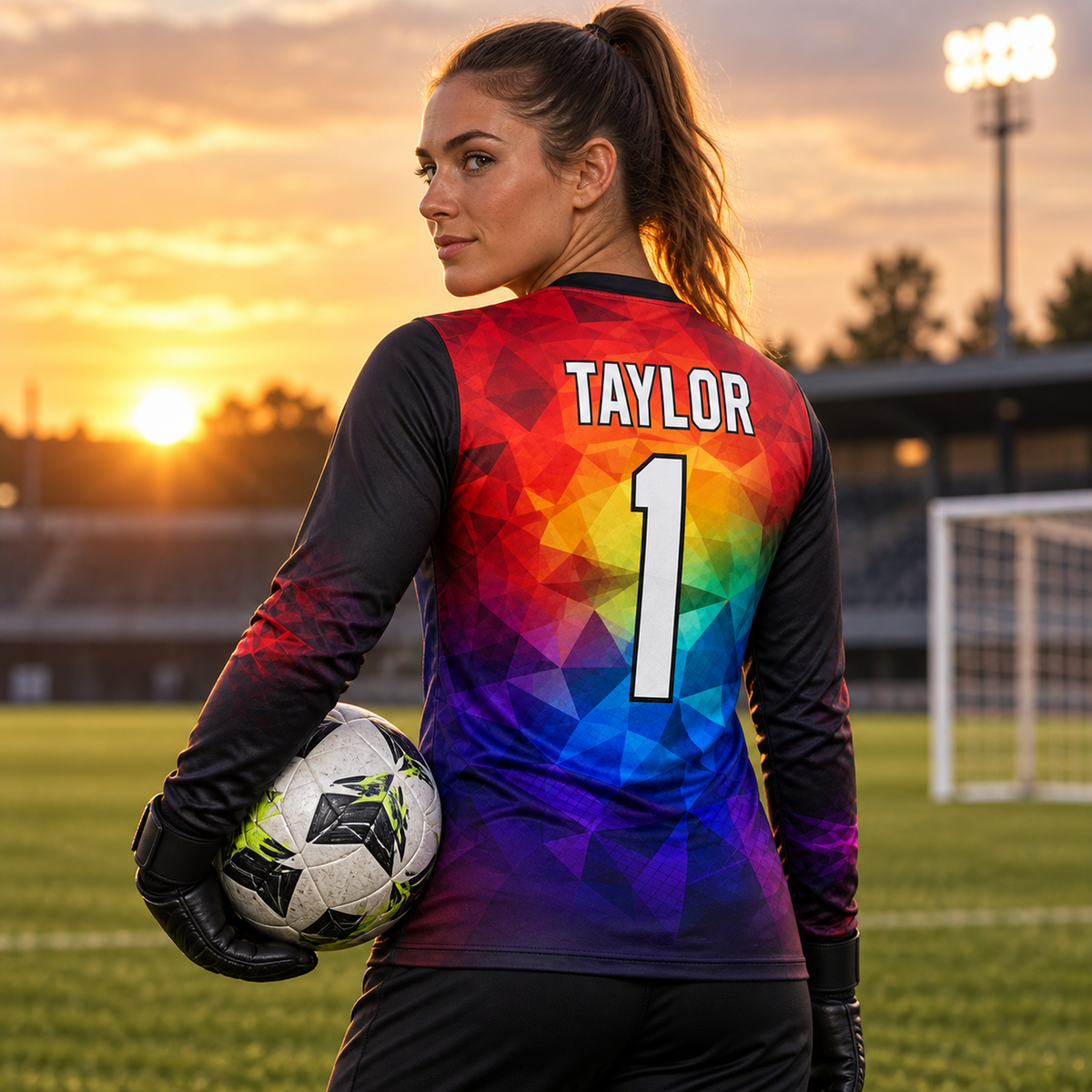 Prism Core custom goalkeeper jersey worn by female goalkeeper, back view, TAYLOR 1