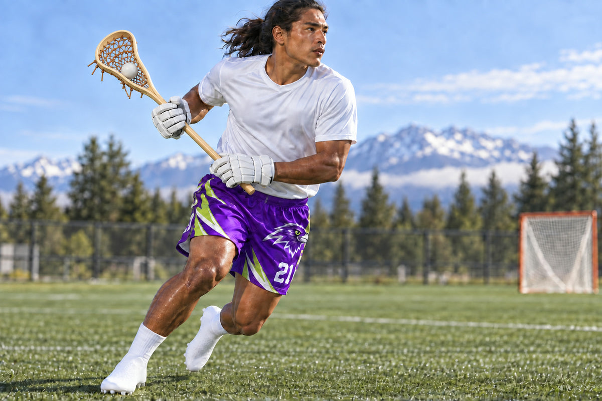 Lacrosse player sprinting with a cradled stick on an outdoor field wearing purple custom sublimated athletic shorts with number 21.