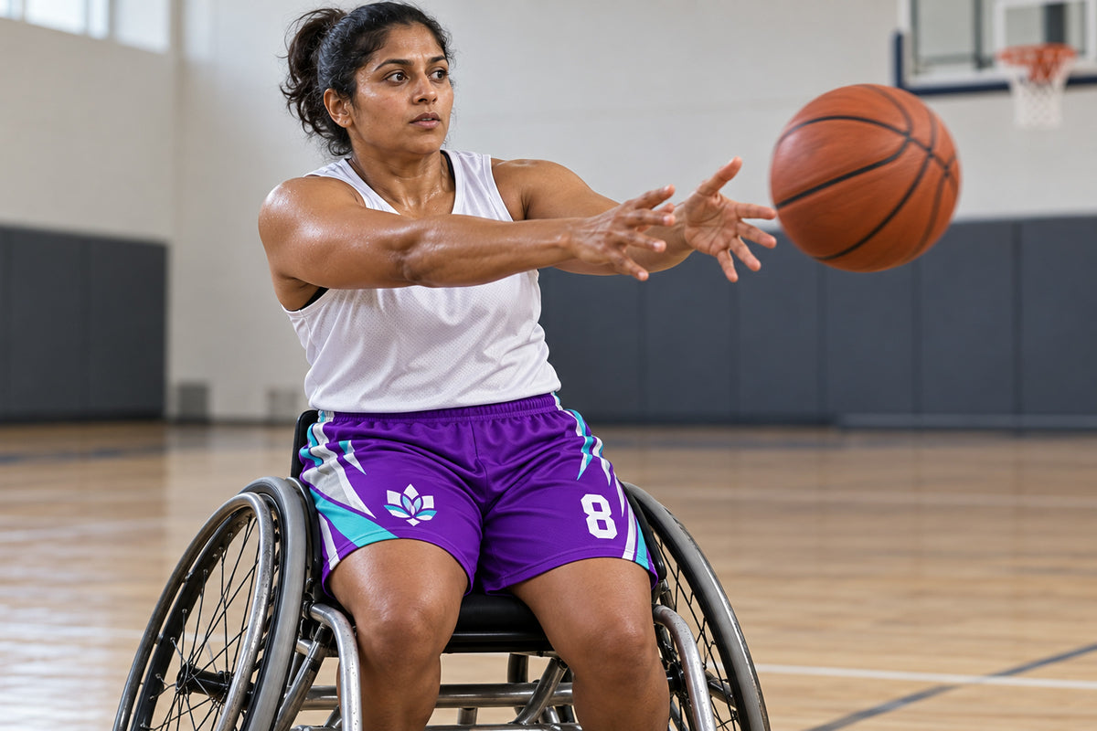 Wheelchair basketball player making a chest pass on an indoor court wearing purple custom sublimated athletic shorts with number 8.