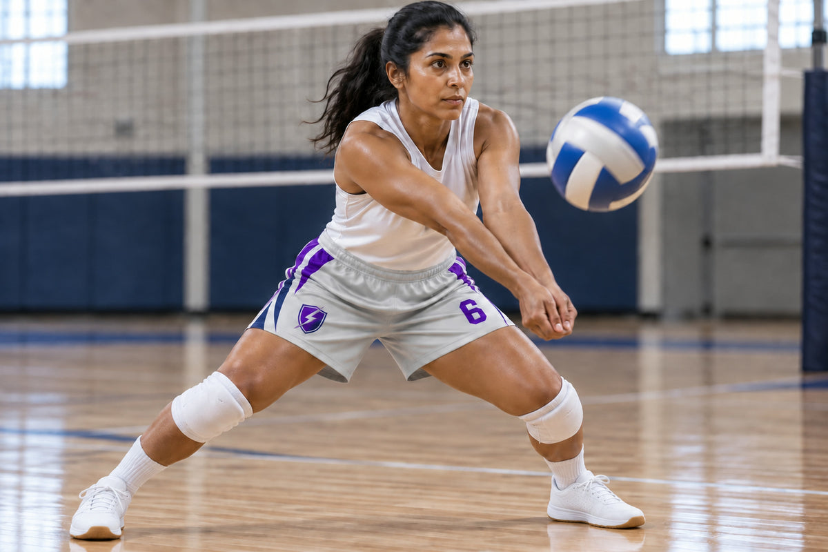 Volleyball player dropping into a forearm dig on an indoor court wearing silver gray custom sublimated athletic shorts with number 6.