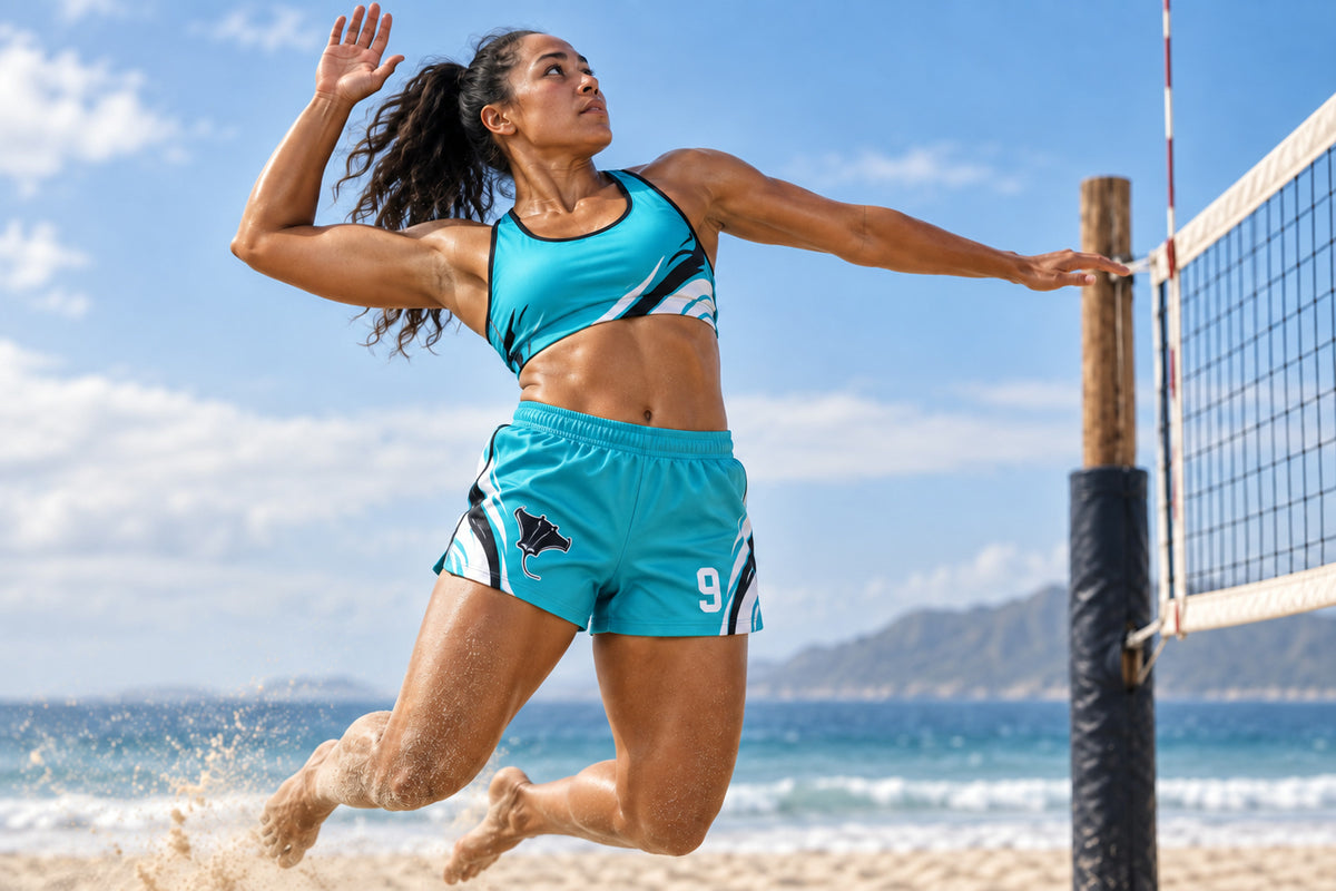 Beach volleyball player rising into a spike approach by the ocean wearing turquoise custom sublimated athletic shorts with number 9.