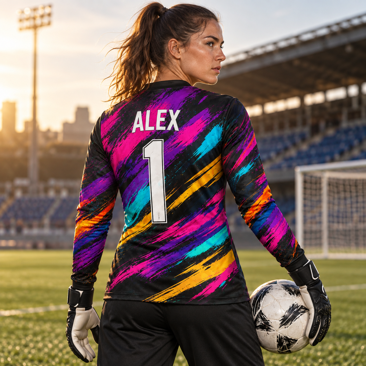 Urban Strike custom goalkeeper jersey worn by female goalkeeper, back view, ALEX 1