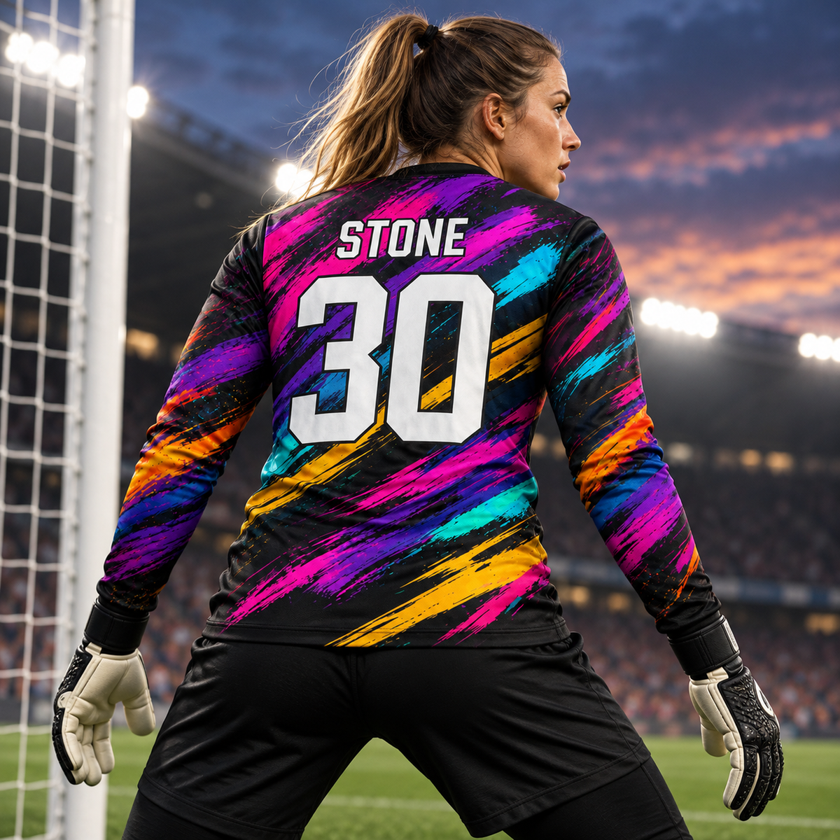 Urban Strike custom goalkeeper jersey worn by female goalkeeper in ready stance, back view, STONE 30