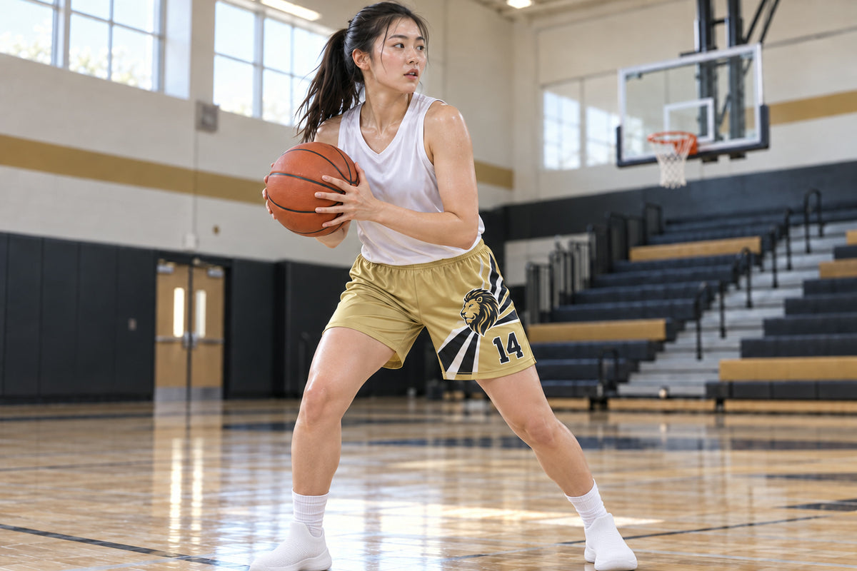 Basketball player landing with a secured rebound in a practice gym wearing vegas gold custom sublimated athletic shorts with number 14.