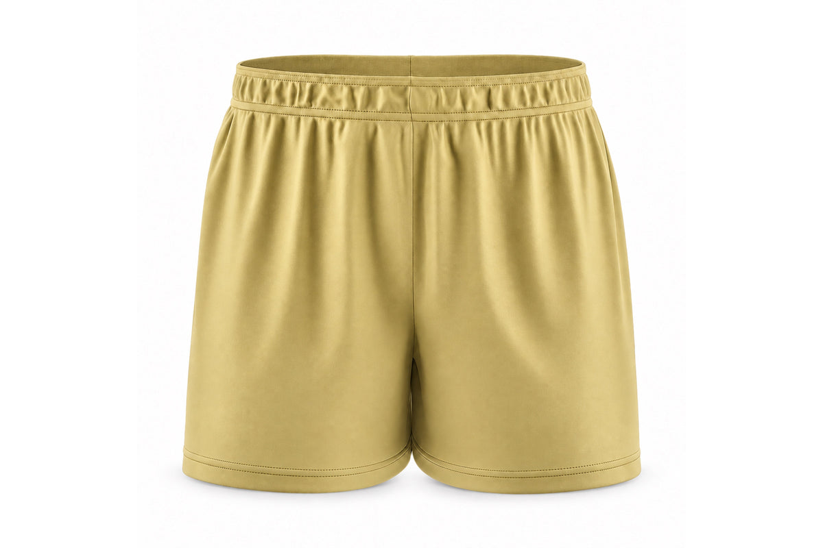 Front view of blank vegas gold custom sublimated athletic shorts with elastic waistband and stitched hems on a white background.