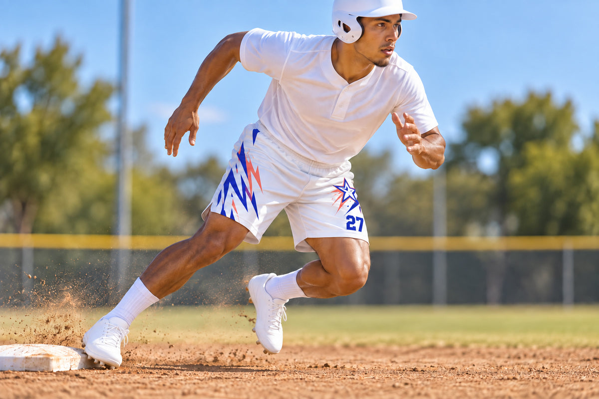 Baseball player sprinting from a lead toward second base wearing white custom sublimated athletic shorts with number 27.