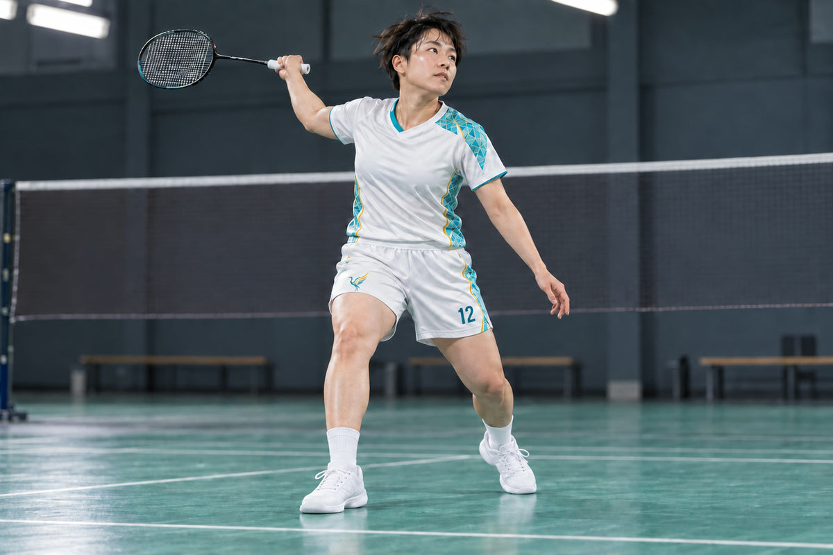 Badminton player landing from an overhead smash in an indoor hall wearing white custom sublimated athletic shorts with number 12.