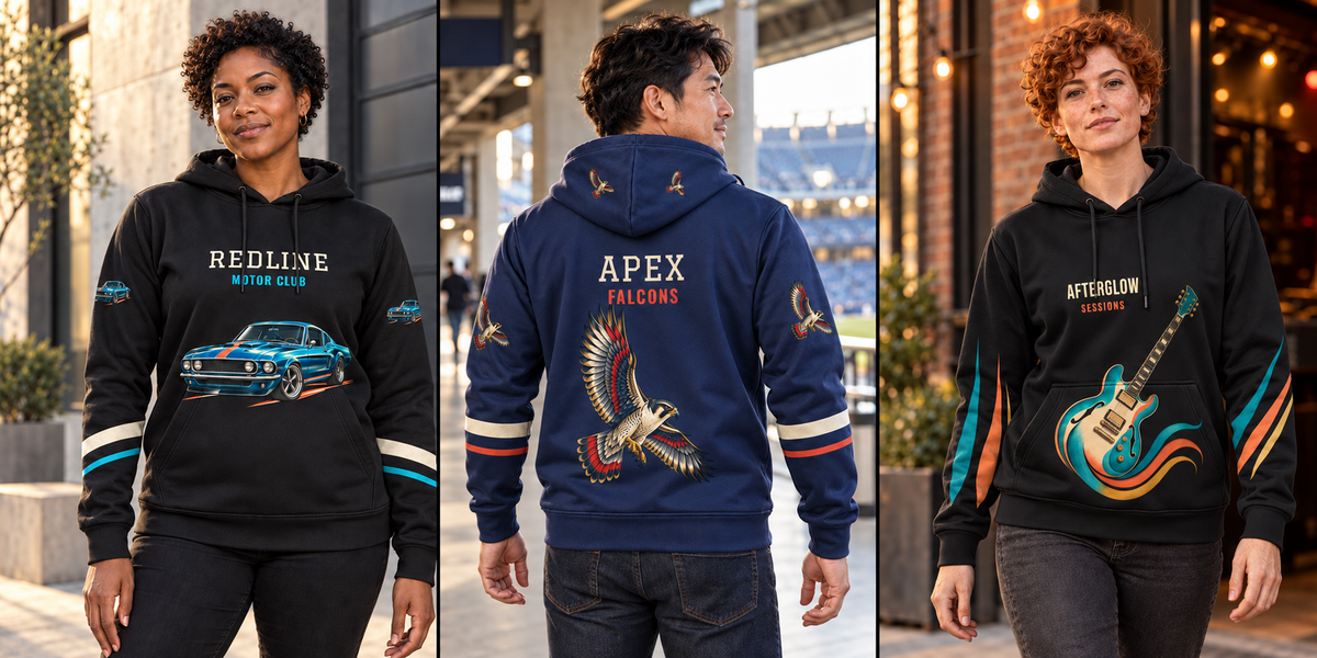 Three custom hoodie concepts: black Redline Motor Club muscle car, navy Apex Falcons mascot, and black Afterglow Sessions guitar.