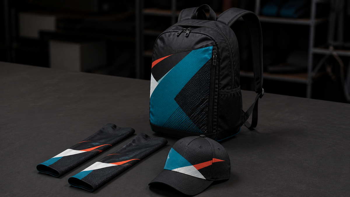 Coordinated custom backpack, cap, and sports accessories arranged in a production workspace.