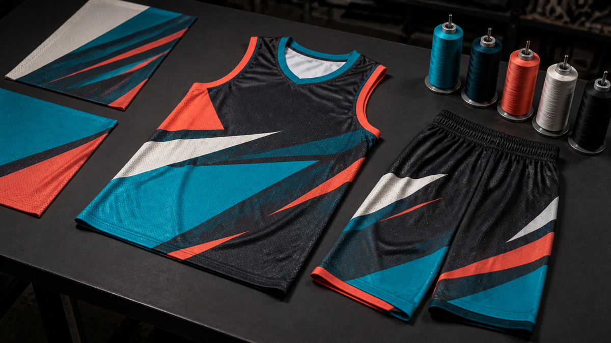 Custom team uniform pieces arranged with coordinating thread before production.