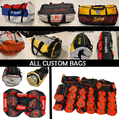 Custom sublimated duffel bags in a range of team colors