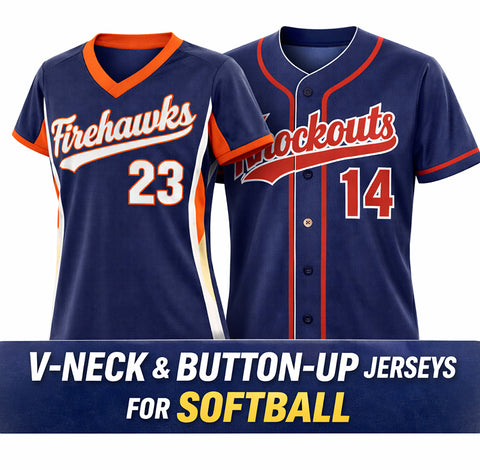 Custom V-neck and button-up softball jerseys for girls and women