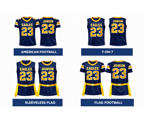 Custom sublimated football uniforms for tackle, 7-on-7 and flag