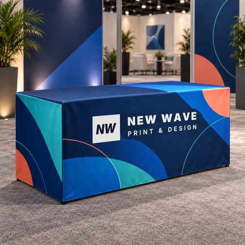Custom full-color fitted table cover for trade shows and events