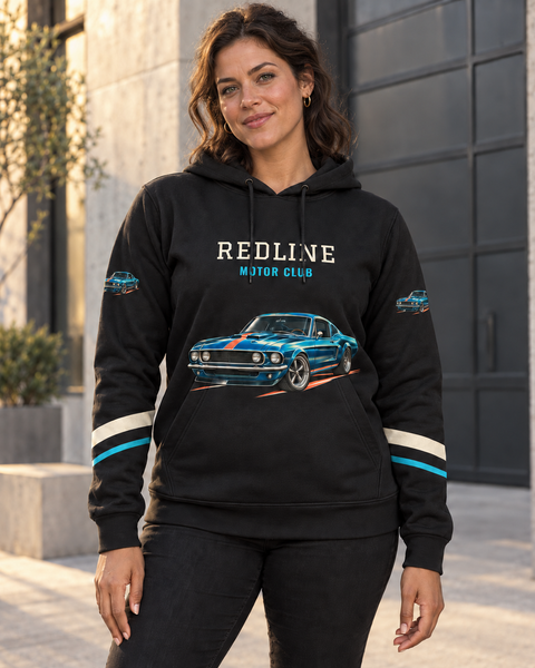 Brunette model wearing a black custom hoodie with blue muscle car artwork and cream and cyan sleeve stripes