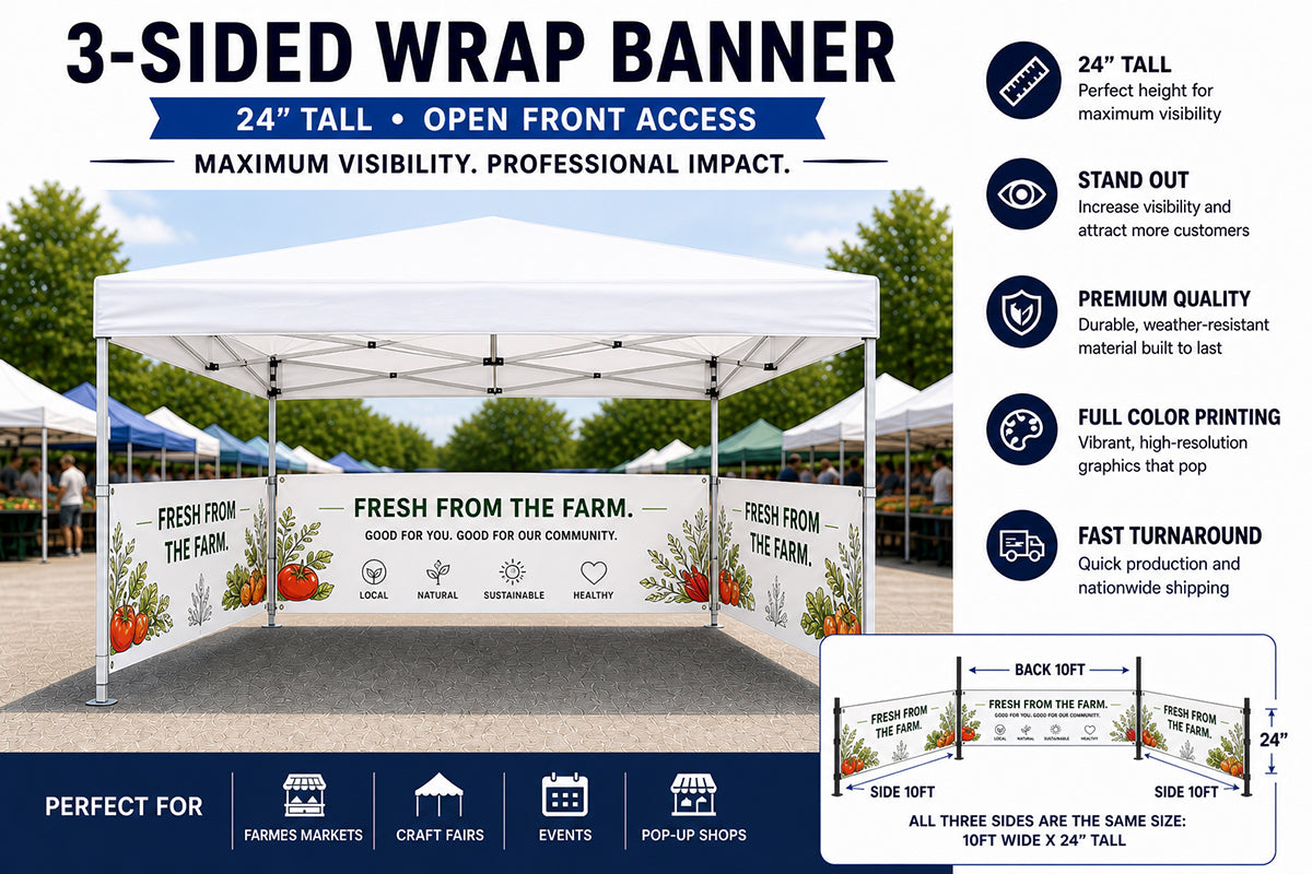 Three-sided canopy banner on a farm market 10x10 booth